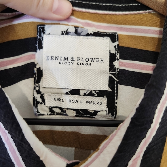 Denim & Flower Men's Ricky Singh Camp Shirt Size L Olive Stripe Button Front - Picture 4 of 8